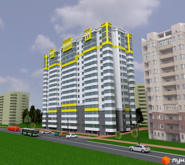 Житловий комплекс Вільямса – багатоповерхова новобудова білого кольору з жовтими акцентами. Поруч дорога з автомобілями та автобусом, зелена зона.