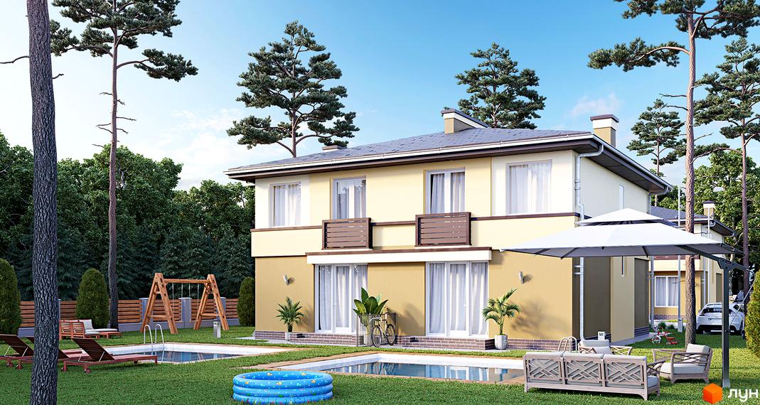 Дуплекси Grand Residence: двоповерхові будинки світло-бежевого кольору з коричневими елементами, прибудинкова територія з басейном, шезлонгами та дитячим майданчиком.