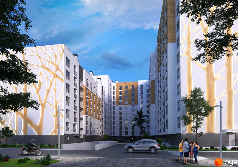 Житловий комплекс AUROOM TOWER. Високоповерхові будинки з білими фасадами, прикрашені декоративними елементами у вигляді дерев. На території комплексу є парковка та зелені насадження.