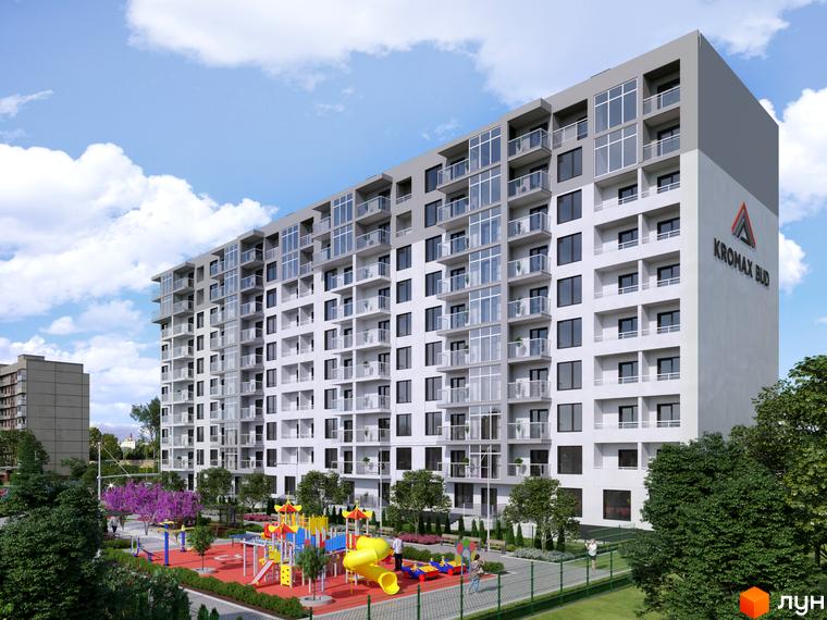 Новобудова ЖК Kromax Bud з фасадом з панорамними вікнами та балконами. Поруч дитячий майданчик з гірками та гойдалками.