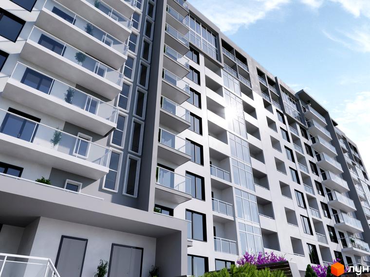 Новобудова ЖК KromaxBud з балконами та скляними фасадами. Зовнішній вигляд будівлі та прибудинкова територія з рослинністю.