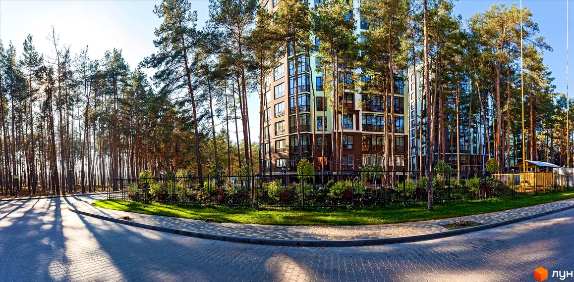 Зображення багатоповерхового будинку в оточенні соснового лісу. Житловий комплекс Лісова казка з прибудинковою територією та тротуаром.