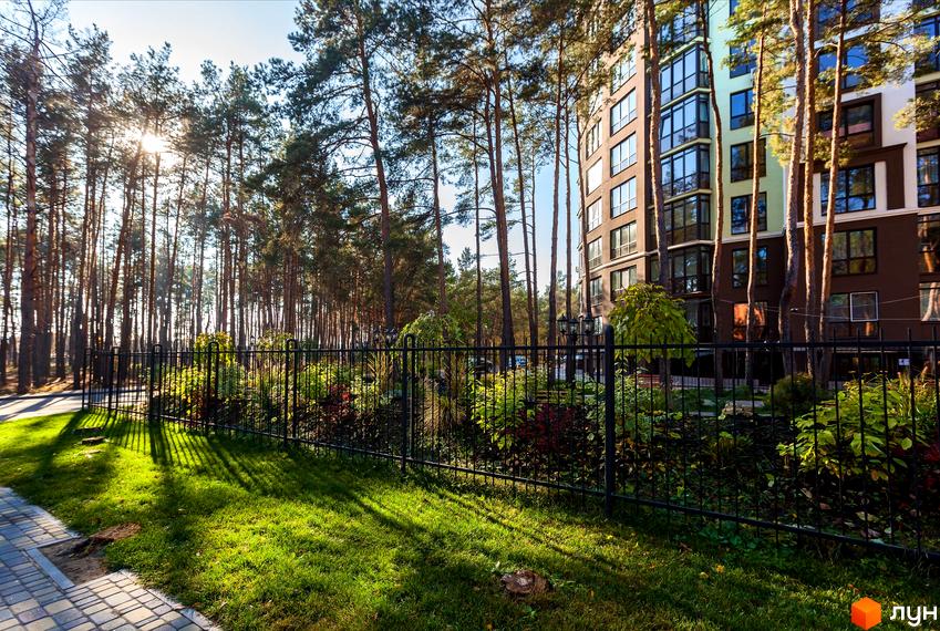 Зовнішній вигляд будинку в Житловому комплексі Лісова казка, оточеного сосновим лісом. Прибудинкова територія з газоном та декоративними рослинами за огорожею.