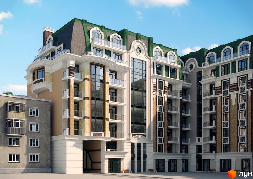 Житловий комплекс на Єврейській, багатоквартирний будинок з зеленим мансардним дахом, великими вікнами та балконами. Фасад оздоблений світлою та темною цеглою.