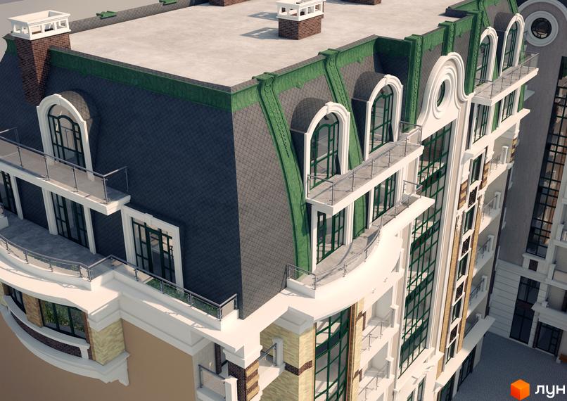 Верхня частина Житлового комплексу на Єврейській: мансардний дах із зеленими елементами, балкони зі скляними огорожами та аркові вікна.