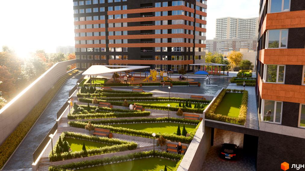 Зображення житлового комплексу Terracotta з багатоповерховим будинком та облаштованою прибудинковою територією з газонами та лавками.