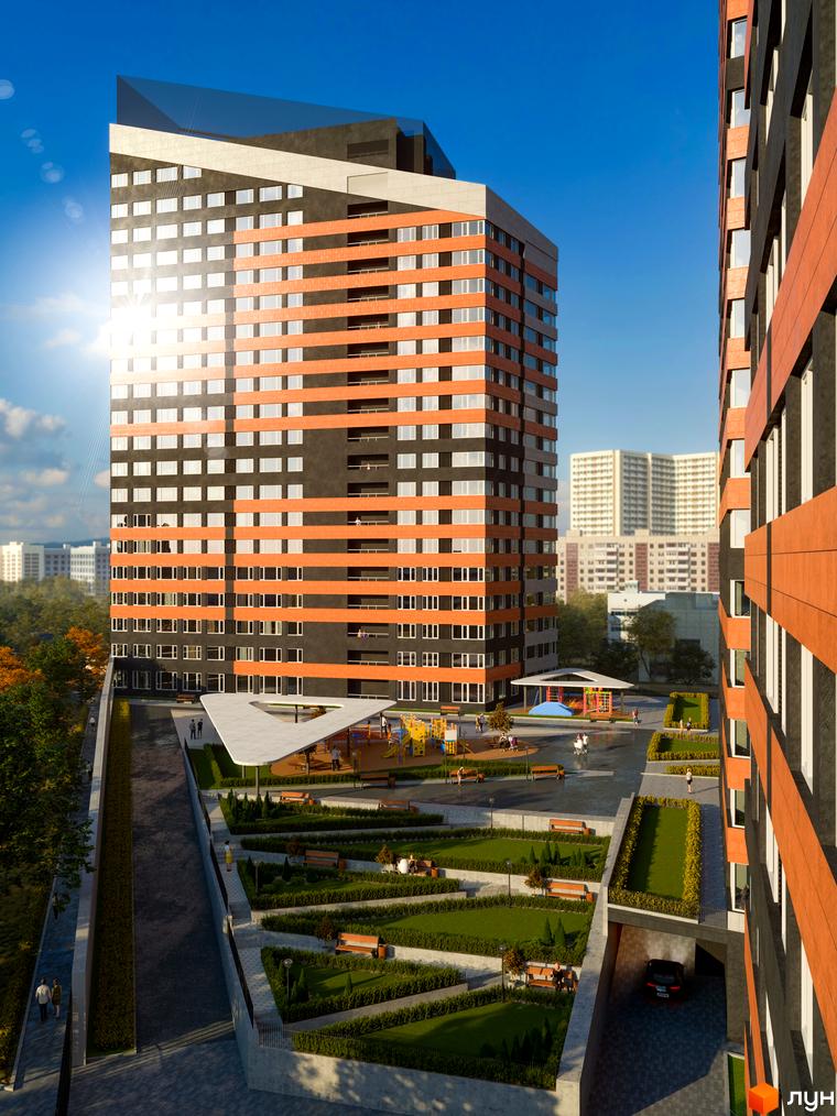 Житловий комплекс Terracotta з темно-сірим фасадом та помаранчевими смугами. Навколо облаштована територія з зеленими насадженнями, дитячим майданчиком та підземним паркінгом.