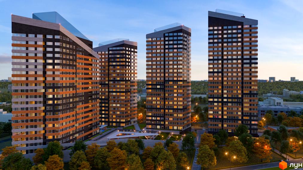 Багатоповерхові будинки Житлового комплексу Terracotta з фасадами темно-сірого та теракотового кольорів, зі скошеними дахами. Прибудинкова територія з зеленими насадженнями та освітленням.