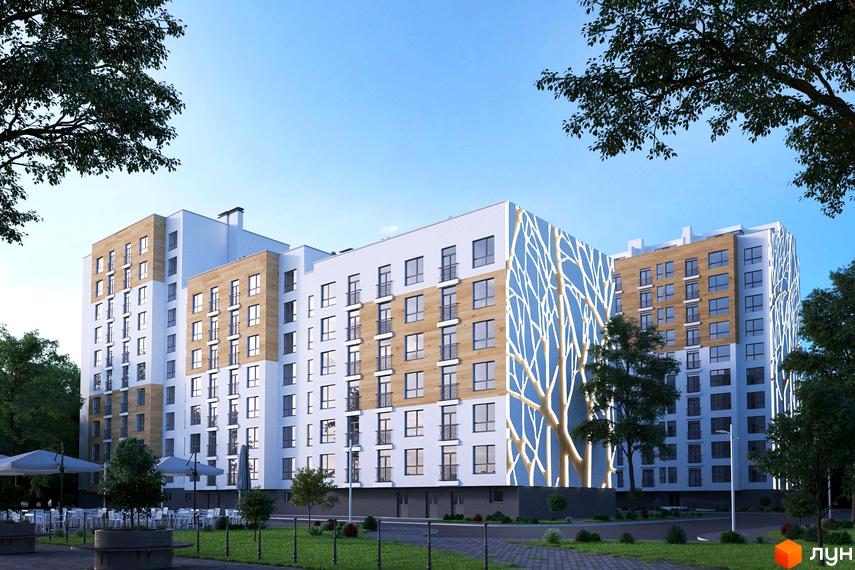 Житловий комплекс AUROOM TOWER з білим фасадом, дерев'яними вставками та синім панно з візерунком дерева. Навколо зелені насадження та літня тераса.