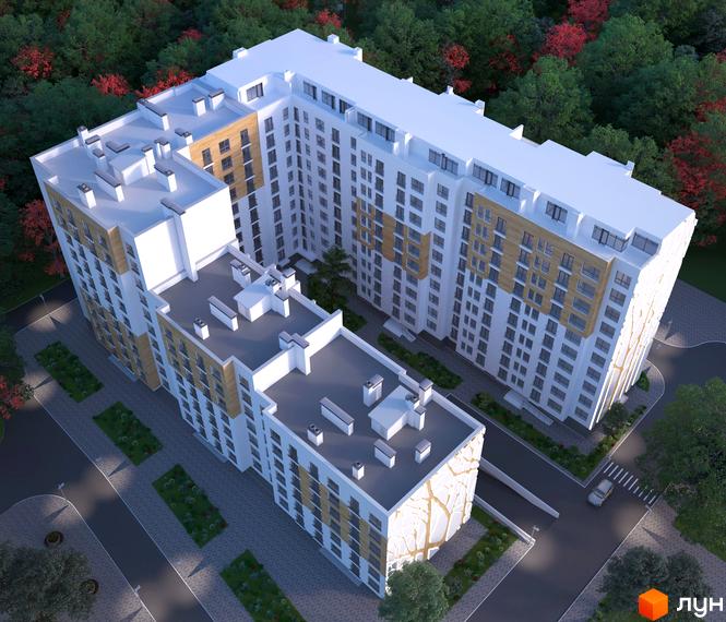 Висотна новобудова AUROOM TOWER з білими фасадами та вставками з дерева. На території комплексу є зелені насадження, парковка та під'їзд до будинку.