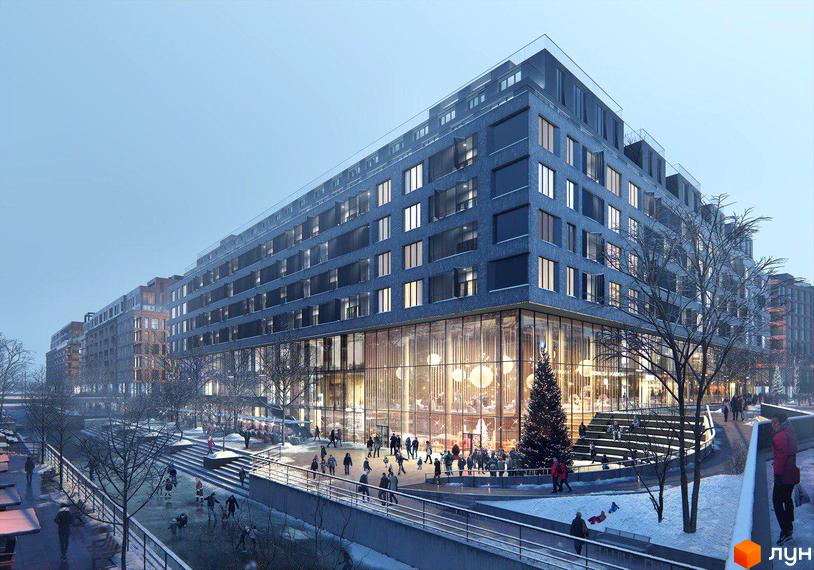 Житловий район Rybalsky: сучасна архітектура з великими вікнами та просторою прибудинковою територією з деревами та місцями для відпочинку.