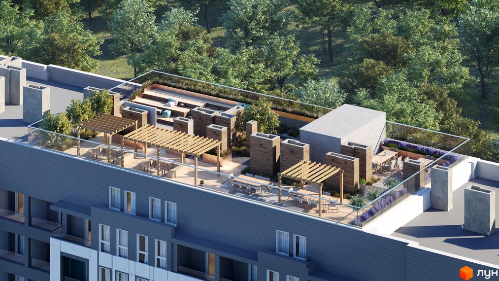 Житловий комплекс Lazur Sky з сірим фасадом та численними вікнами. На даху розташовані зони відпочинку з перголами та зеленню.