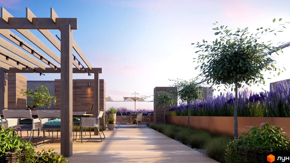 Житловий комплекс Lazur Sky: затишна тераса з перголами, меблями та лавандою. Відкритий простір для відпочинку на даху з видом на небо.
