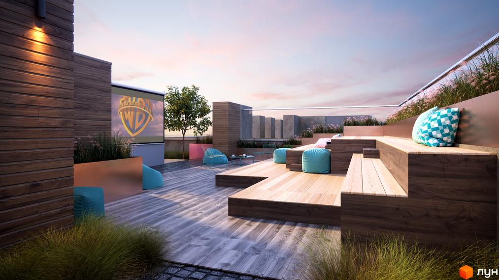 Житловий комплекс Lazur Sky: затишна тераса з кінотеатром під відкритим небом та зручними місцями для відпочинку. Сучасний дизайн та приємна атмосфера для дозвілля.