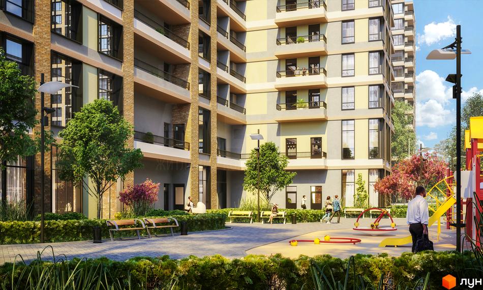 Фасад Житлового комплексу Krona Park II має світлі стіни, цегляні вставки та балкони. Прибудинкова територія облаштована дитячим майданчиком, зеленими насадженнями та лавками.