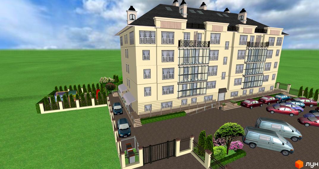 Клубний будинок „Лайтхаус“ з світлим фасадом, балконами та прибудинковою територією з парковкою та зеленими насадженнями.