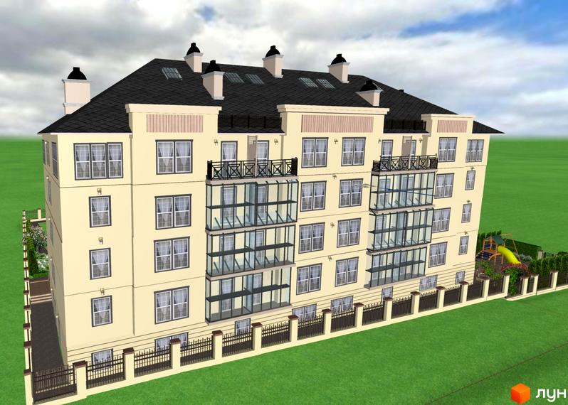 Клубний будинок Lighthouse: світлий фасад, багато вікон та скляних балконів, зелена прибудинкова територія з дитячим майданчиком.