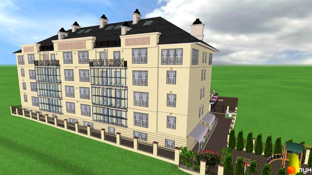 Клубний будинок Lighthouse. Зовнішній вигляд світло-бежевої новобудови з балконами та дитячим майданчиком на прибудинковій території.