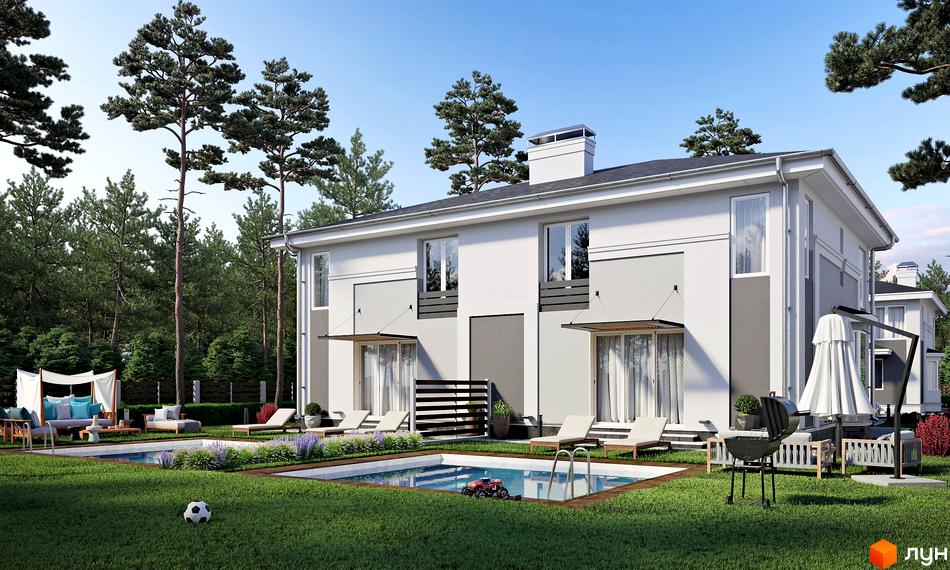Сучасний дуплекс NEW Cottage Residence з басейном та зоною відпочинку на прибудинковій території. Зелений газон, дерева та блакитне небо створюють затишну атмосферу.