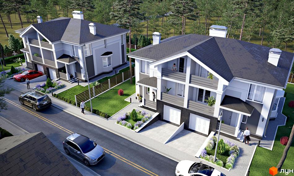 Дуплекси NEW Cottage Residence з сірими дахами та білими фасадами, розташовані на доглянутій прибудинковій території з газоном та квітами.