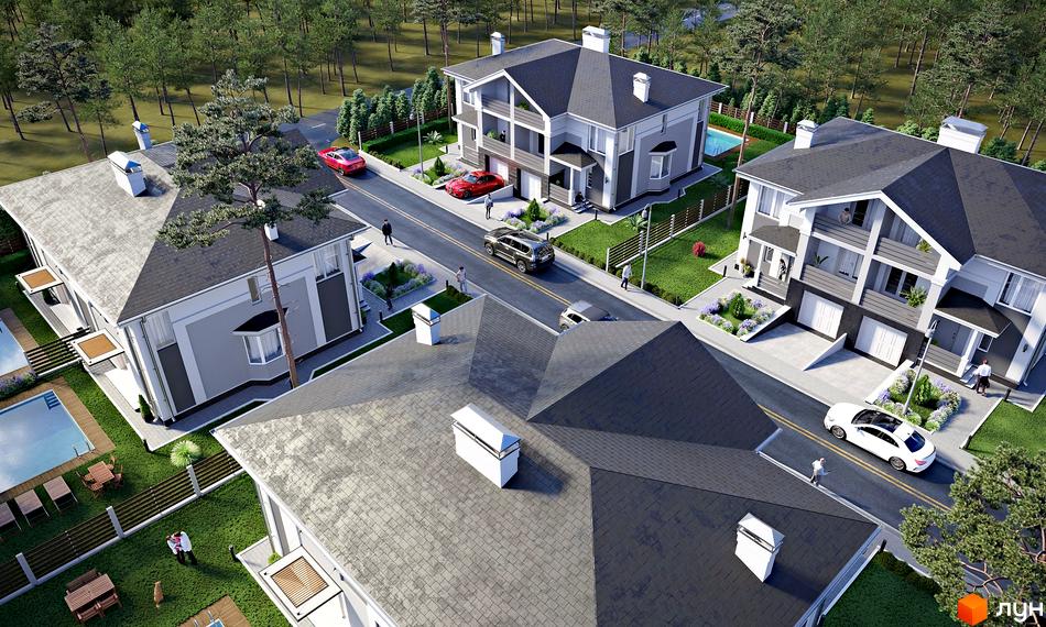 Зовнішній вигляд дуплексів NEW Cottage Residence з прибудинковою територією, паркуванням та зеленими зонами. Оглядовий вид на житловий комплекс з деревами та дорогою.