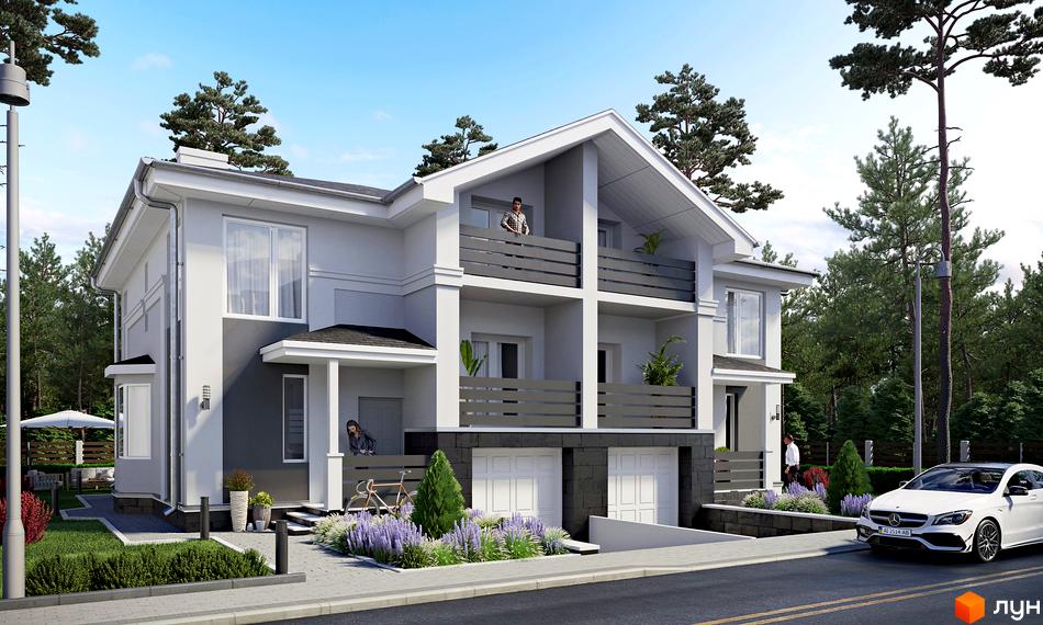 Зовнішній вигляд дуплексів NEW Cottage Residence з гаражами та балконами, оточених деревами та доглянутою прибудинковою територією.