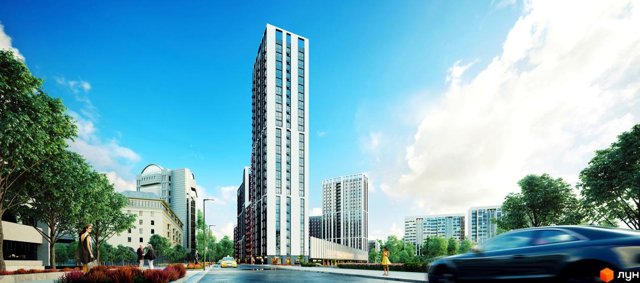 Житловий комплекс Старт: високі білі будинки з великими вікнами, оточені зеленими деревами та дорогою.