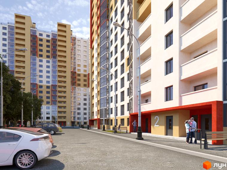 Високоповерхові будинки ЖК Привітний квартал з фасадами світлих відтінків. На прибудинковій території є парковка та місця для відпочинку.