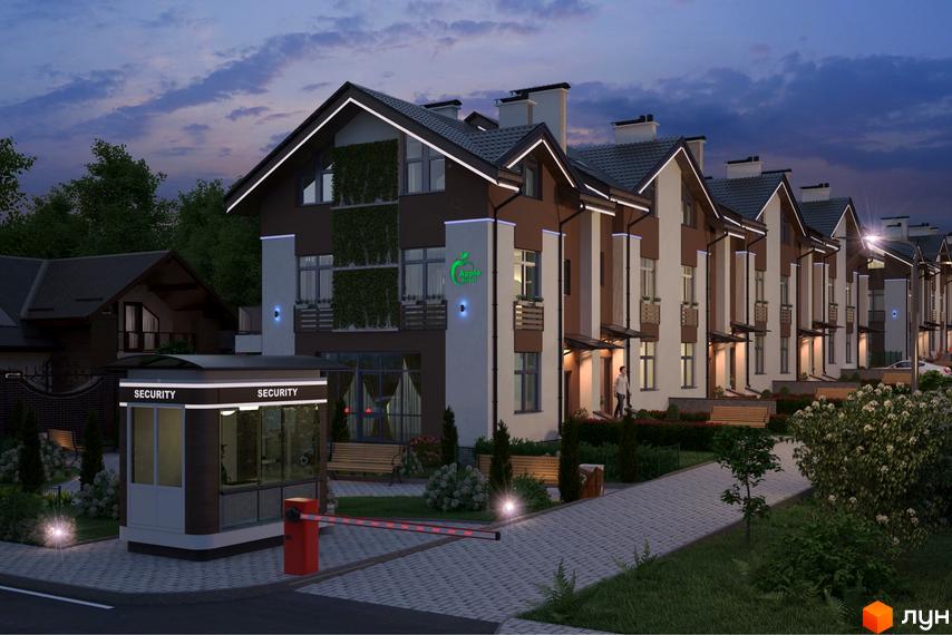 Таунхауси Apple Street Residence з коричневими та світлими фасадами, зеленими насадженнями на стінах. Вхід з пунктом охорони та доріжками.