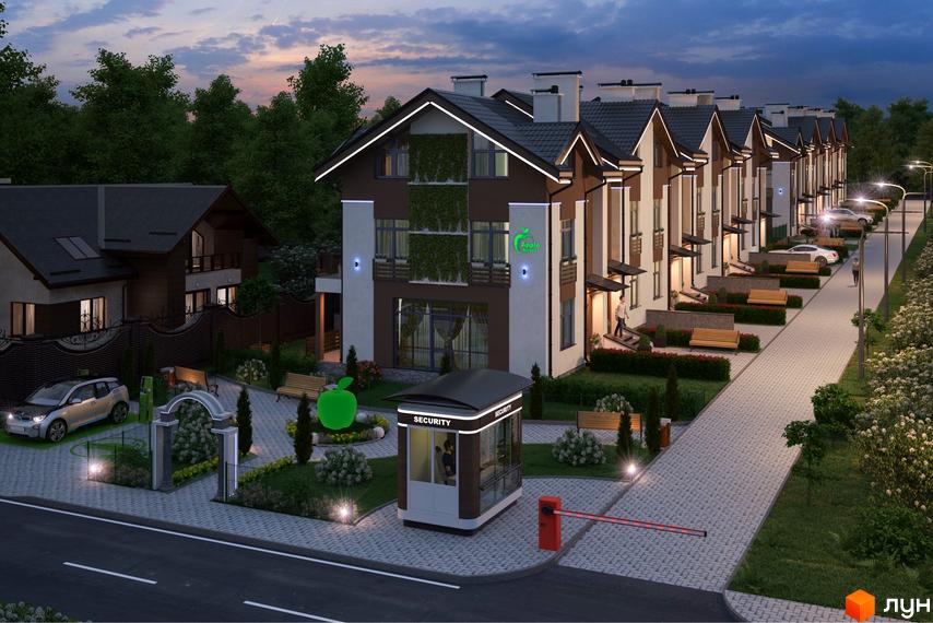 Apple Street Residence — ряд таунхаусів з фасадами у світлих тонах. На території комплексу є зелені насадження, лави та охорона.