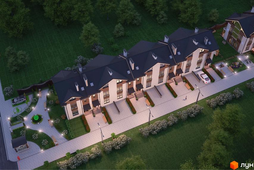 Зображення житлового комплексу Apple Street Residence. На фото видно ряд таунхаусів з темними дахами та світлими фасадами. На прибудинковій території є парковка, зелені насадження та місця для відпочинку.