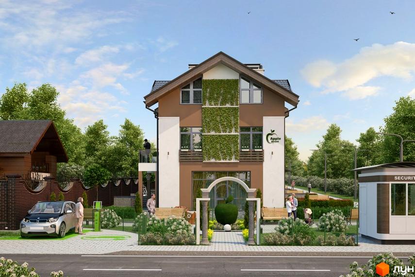 Зображення фасаду будинку житлового комплексу Apple Street Residence. На території комплексу розташовані лавки, зелені насадження та парковка для електрокарів.
