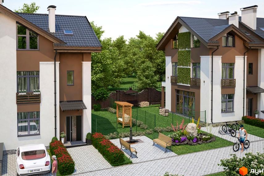 Зображення таунхаусів Apple Street Residence. Будинки з коричневими фасадами та білими вставками, з зеленими насадженнями на території, паркуванням та велосипедами.