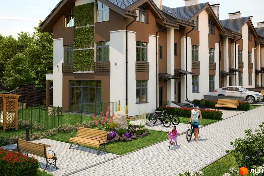 Таунхауси „Apple Street Residence“: будинки з коричнево-білими фасадами та вертикальним озелененням. Прибудинкова територія має бруковані доріжки, лавки та газони.