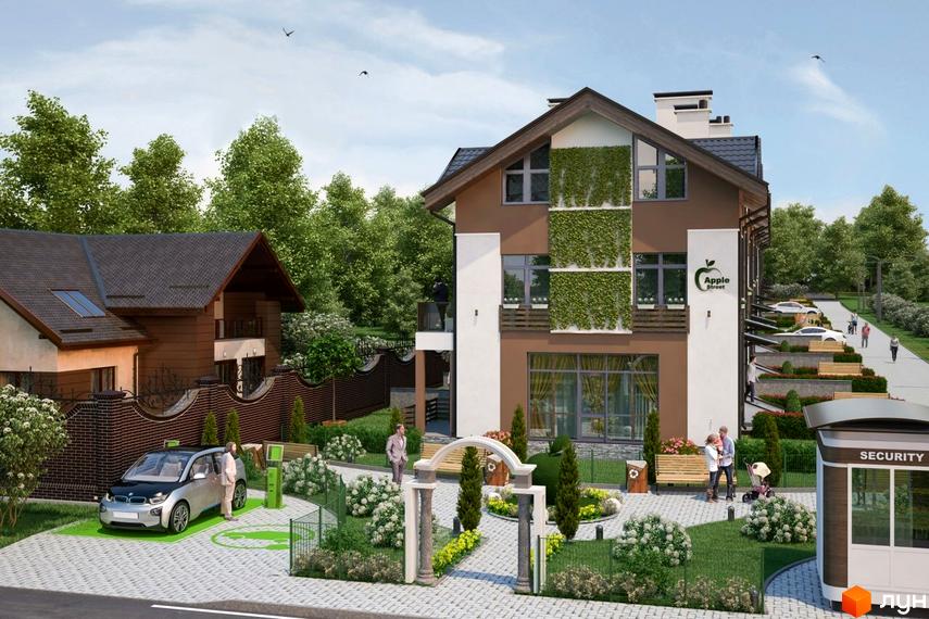 Зображення таунхаусів Apple Street Residence. Будинок з коричневими стінами та зеленими рослинами на фасаді. На території є парковка для електрокарів, зелені насадження та зона відпочинку.