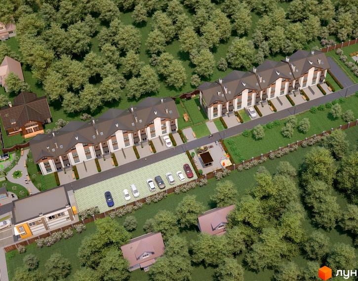 Зображення сторінки житлового комплексу Apple Street Residence. На фото ряд таунхаусів з коричневими дахами та світлими фасадами. Прибудинкова територія з парковкою та зеленими насадженнями.