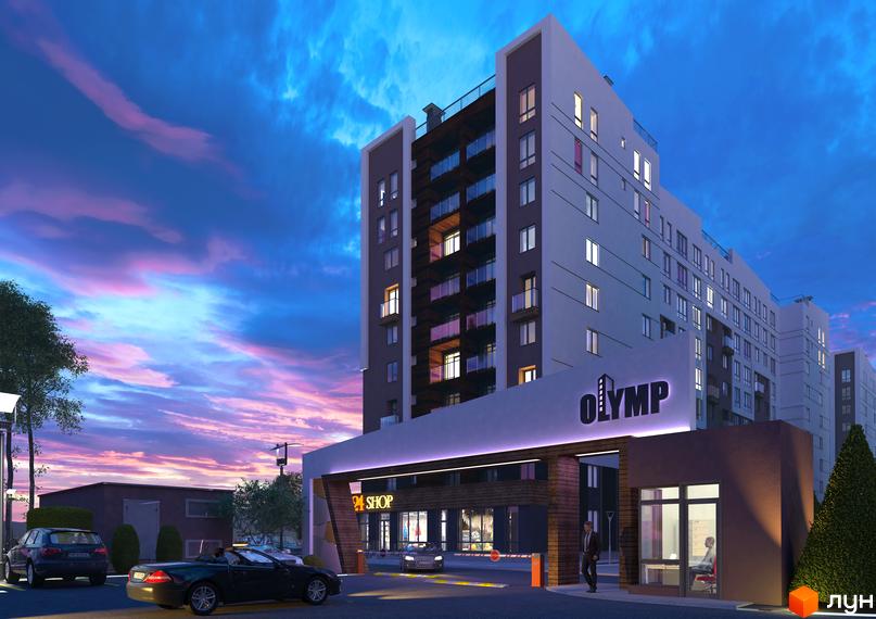 Житловий комплекс Олімп з фасадом з білих та сірих панелей, скляними балконами та в'їзною групою з написом