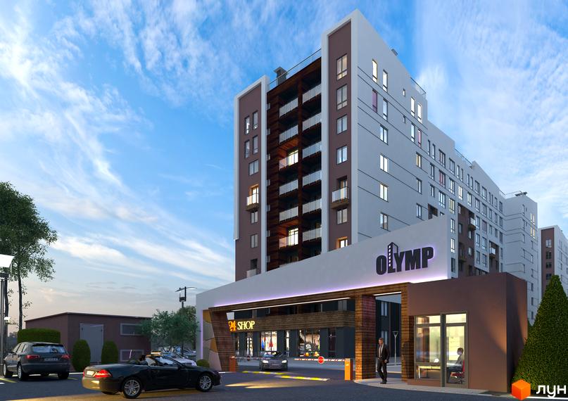 Зовнішній вигляд новобудови ЖК Олімп з фасадом з білих та коричневих панелей. Прибудинкова територія з пропускним пунктом, магазином та парковкою.