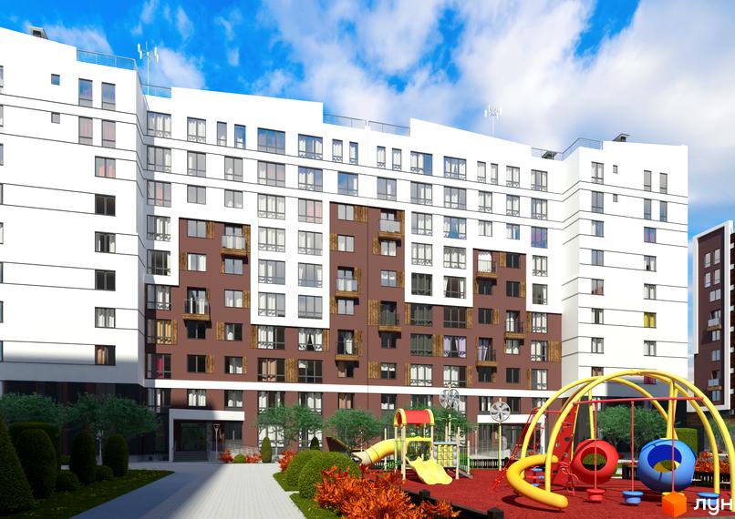 Житловий комплекс Олімп: фасади будівель з коричневими та білими елементами, велика кількість вікон. Поруч дитячий майданчик з гірками та гойдалками.