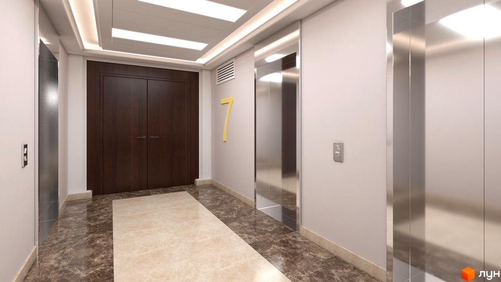 Дизайн холу в житловому комплексі Шевченківський з дверима та ліфтом. Оздоблення стін та підлоги в нейтральних тонах.