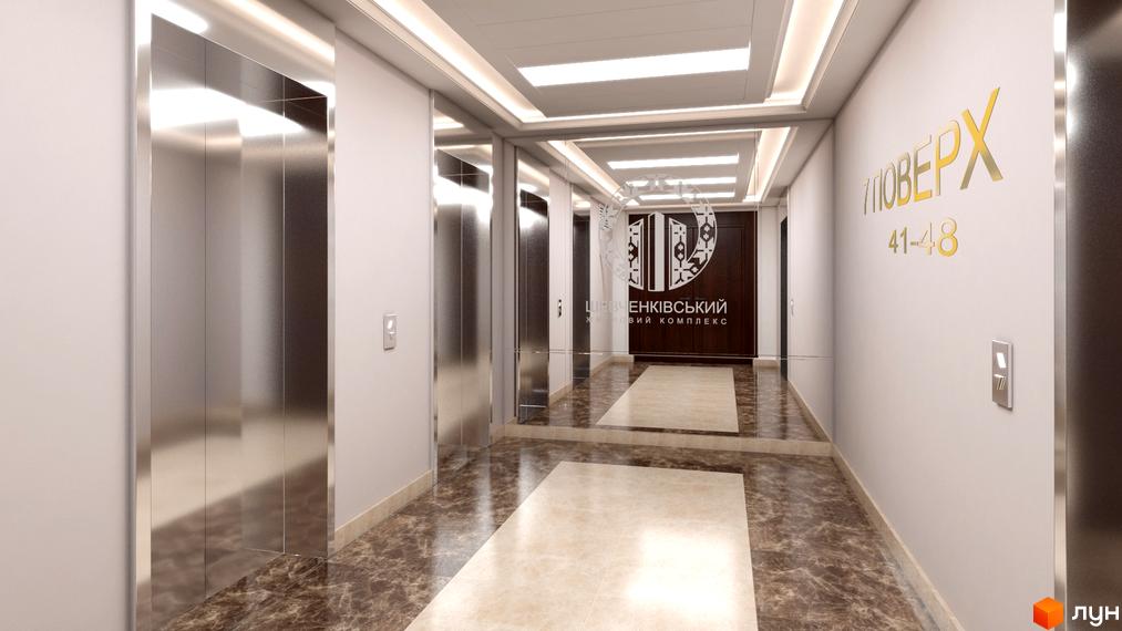Житловий комплекс Шевченківський: елегантний хол з ліфтами та мармуровою підлогою. Сучасний дизайн інтер'єру новобудови.