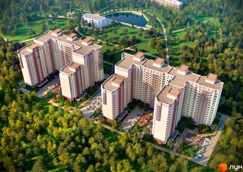 Багатоповерхові будинки Житлового комплексу Козацький зі світлими фасадами та червоними акцентами. Навколо зелені насадження, дитячі майданчики та парковки.