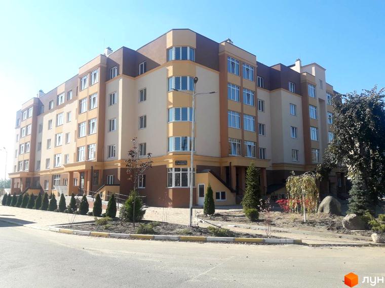 Новобудова ЖК Дмитрівський має багатоповерхові секції з вікнами та балконами, оздоблені в світлих тонах. Прибудинкова територія озеленена деревами та кущами.