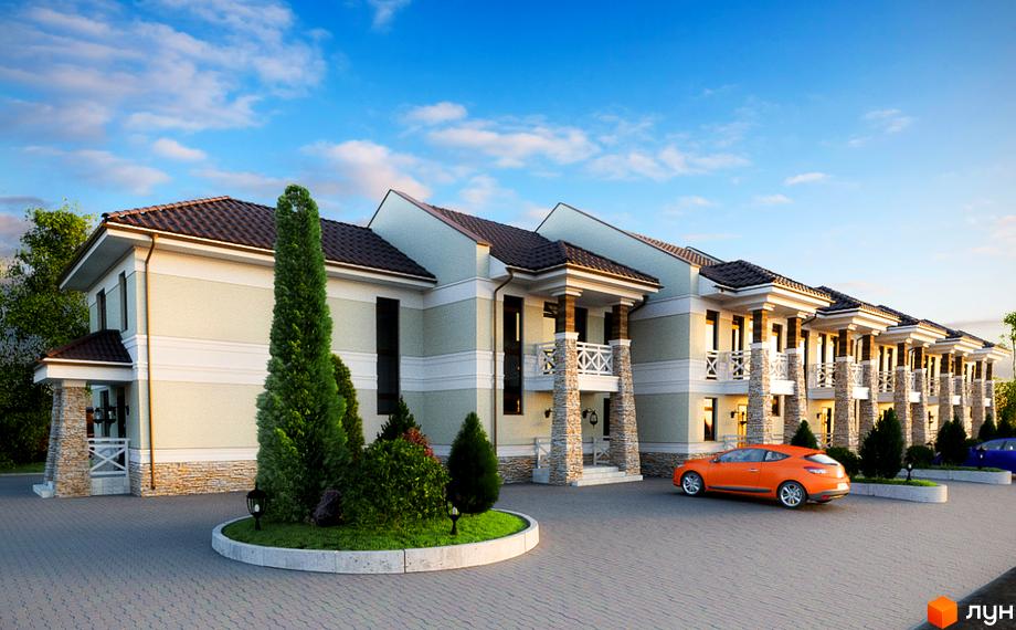 Таунхауси „Бостон“: ряд двоповерхових будинків з балконами, кам'яними колонами та доглянутою територією з зеленими насадженнями та парковкою.