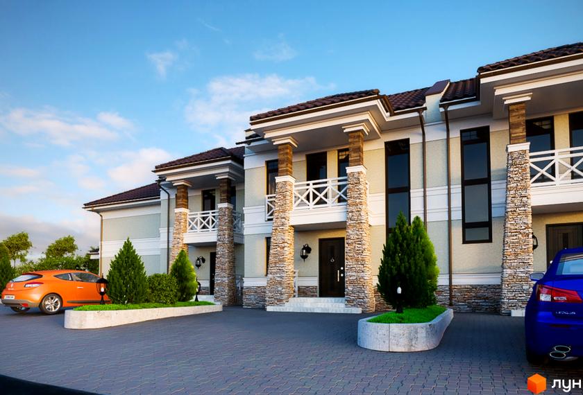 Зображення сторінки житлового комплексу. На фото зображено триповерховий будинок з колонами, балконами та великими вікнами. Перед будинком розташована брукована територія з клумбами та автомобілями.