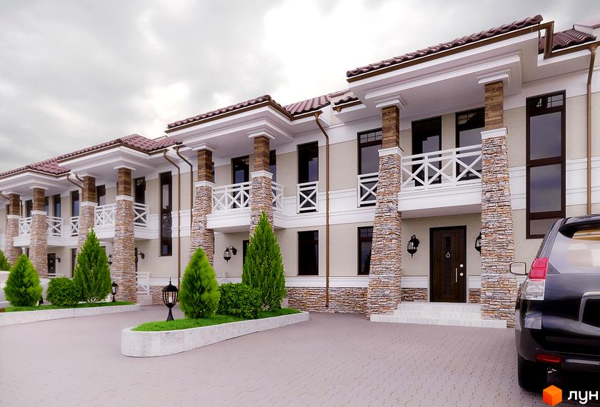 Фасад двоповерхових таунхаусів Бостон з кам'яними колонами та балконами. Прибудинкова територія з доріжками та зеленими насадженнями.