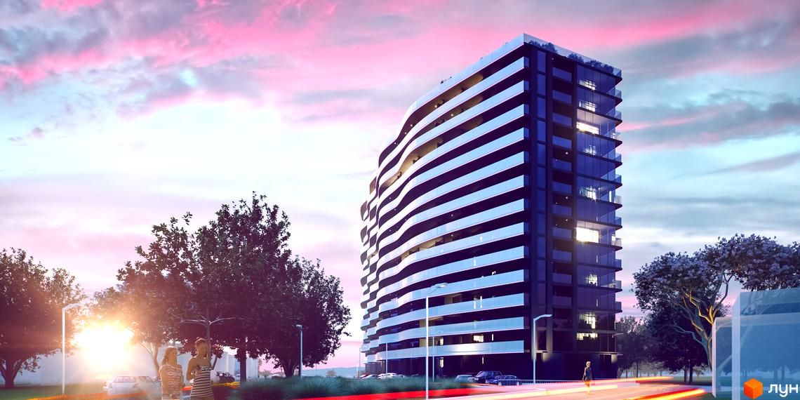 Aura Apart - новобудова з хвилястими фасадами та скляними балконами на тлі рожевого неба. Навколо будівлі зелені насадження та освітлення вулиць.