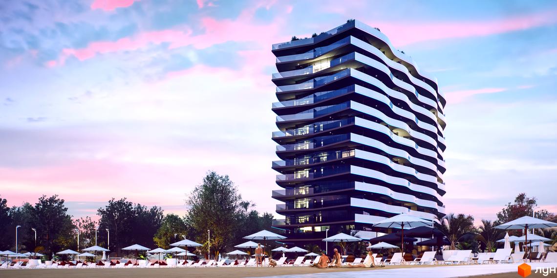 Aura Apart - житловий комплекс з хвилястим фасадом та скляними балконами, розташований на березі моря з шезлонгами та парасольками на піщаному пляжі.