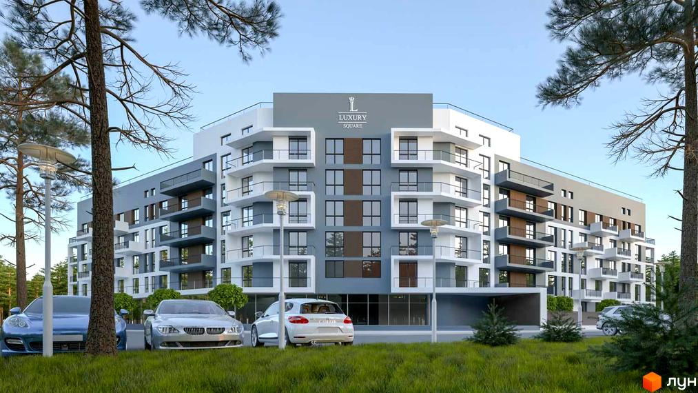 Зовнішній вигляд житлового комплексу Luxury Square з фасадами білого та сірого кольорів, балконами та парковкою. Навколо комплексу зелена зона та дерева.