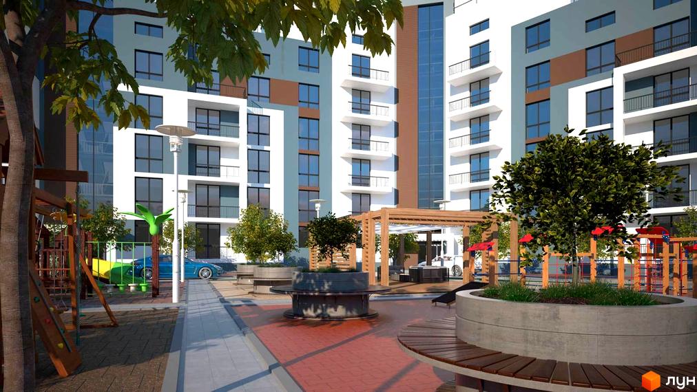 Житловий комплекс Luxury Square з фасадами білого та сірого кольорів, балконами та прибудинковою територією з дитячим майданчиком та зонами відпочинку.